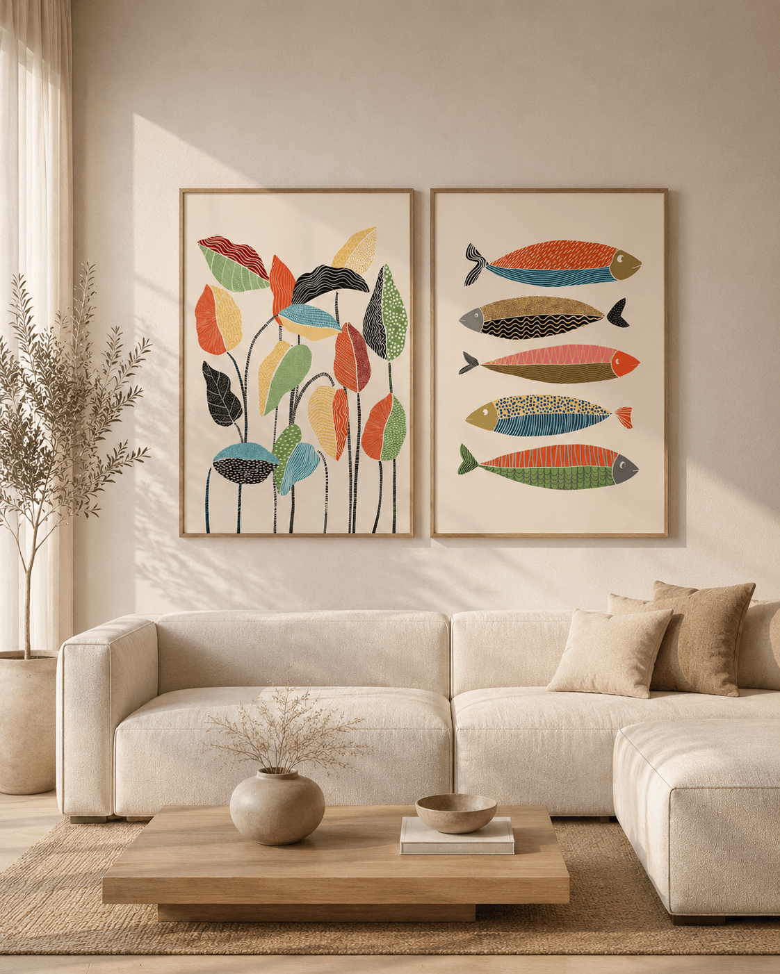 KIT 2 QUADROS DECORATIVOS - CATS AND DOTZ FISH LEAVES